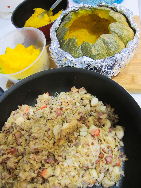 Baked Pumpkin Brown Rice with Seafood and Cream Sauce